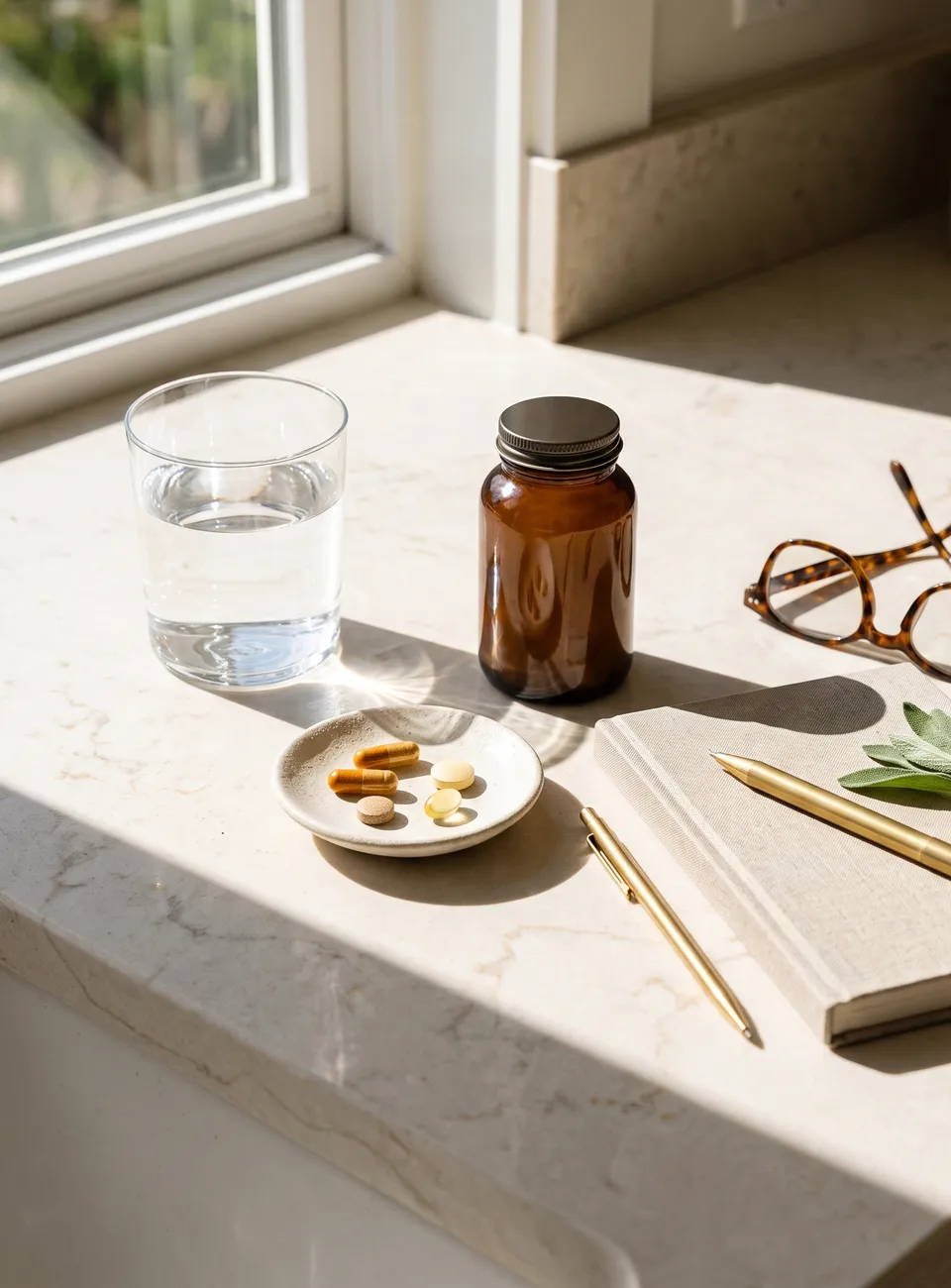 A morning's capsules on a dish beside a glass of water in window light