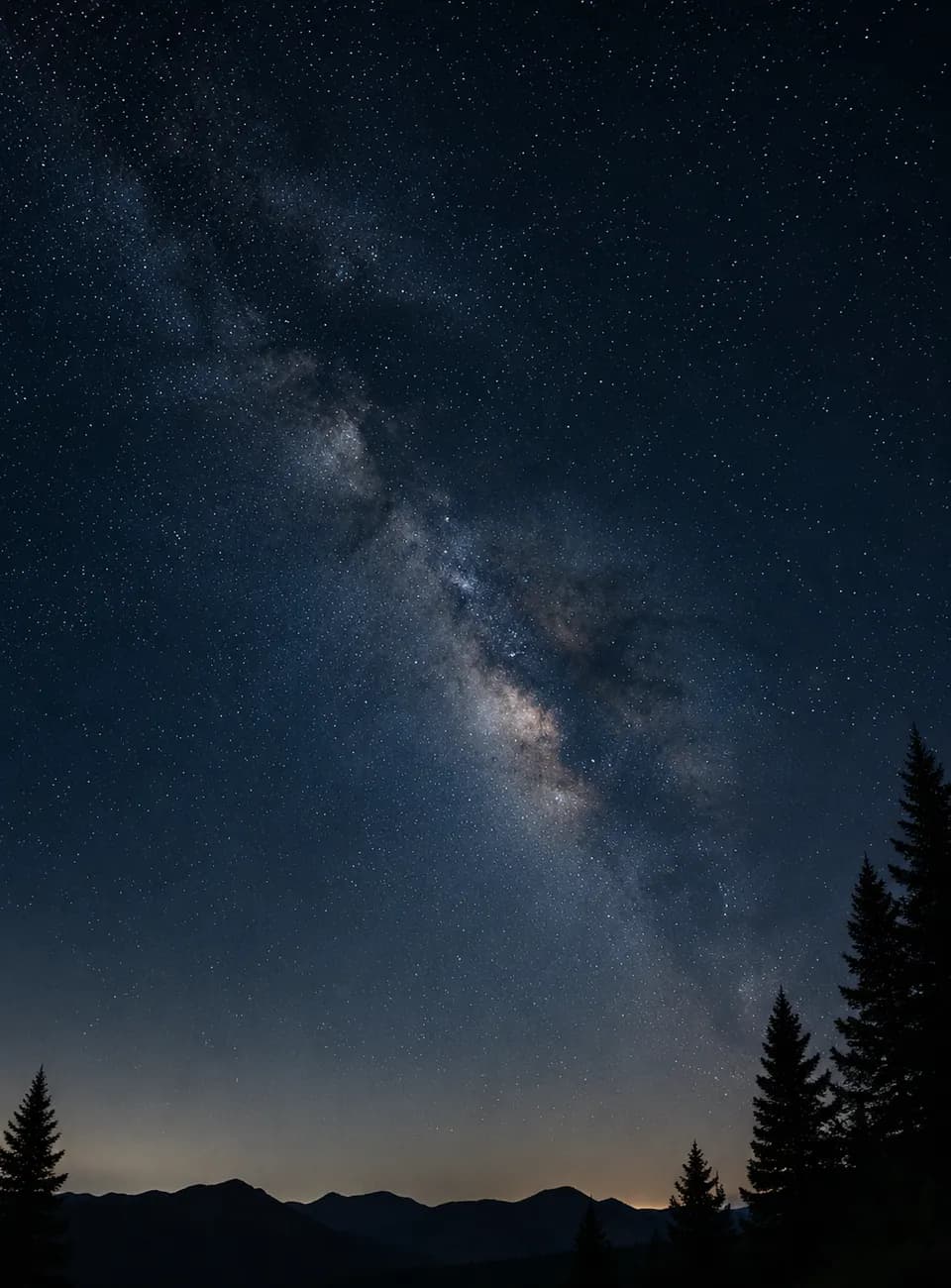 The Milky Way over a dark ridgeline of pines